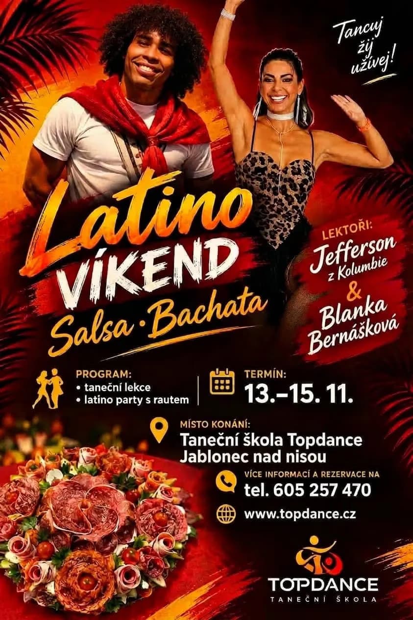A promotional poster for a Latin dance weekend featuring two dancers and a plate of food.