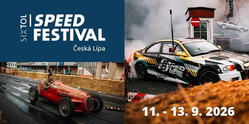 Event poster for the Sixtol Speed Festival in Česká Lípa showing vintage and drifting race cars.