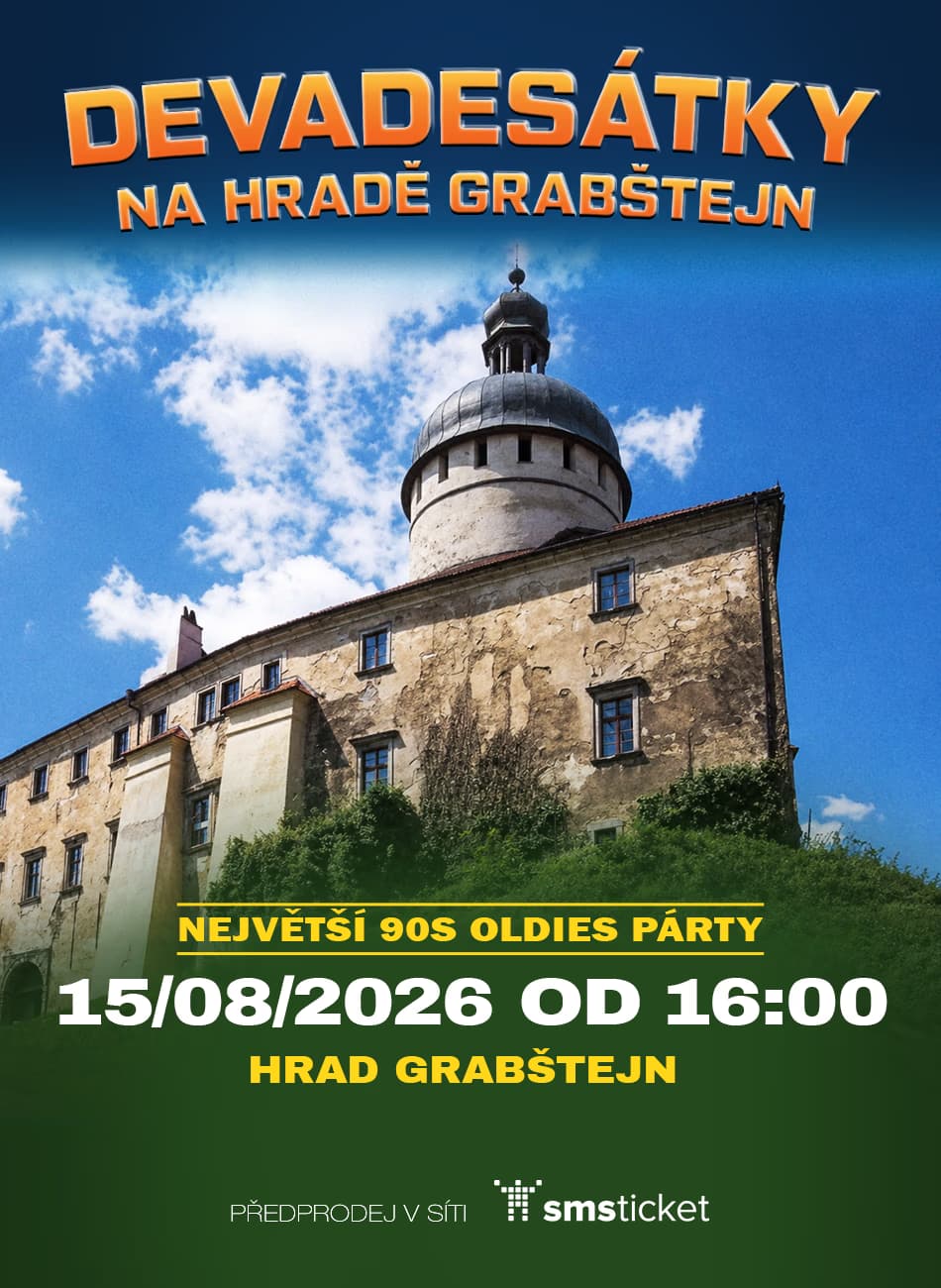 The Grabštejn Castle stands on a grassy hill against a blue sky for an event advertisement.