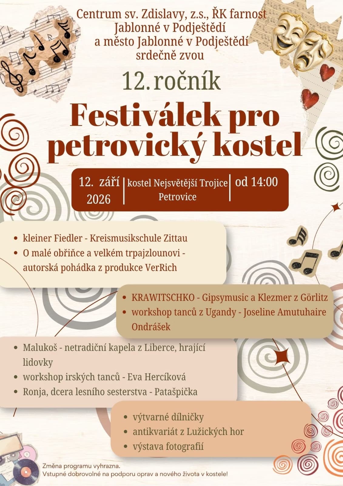 Pozvánka na benefiční festival pro petrovický kostel s bohatým hudebním a divadelním programem.