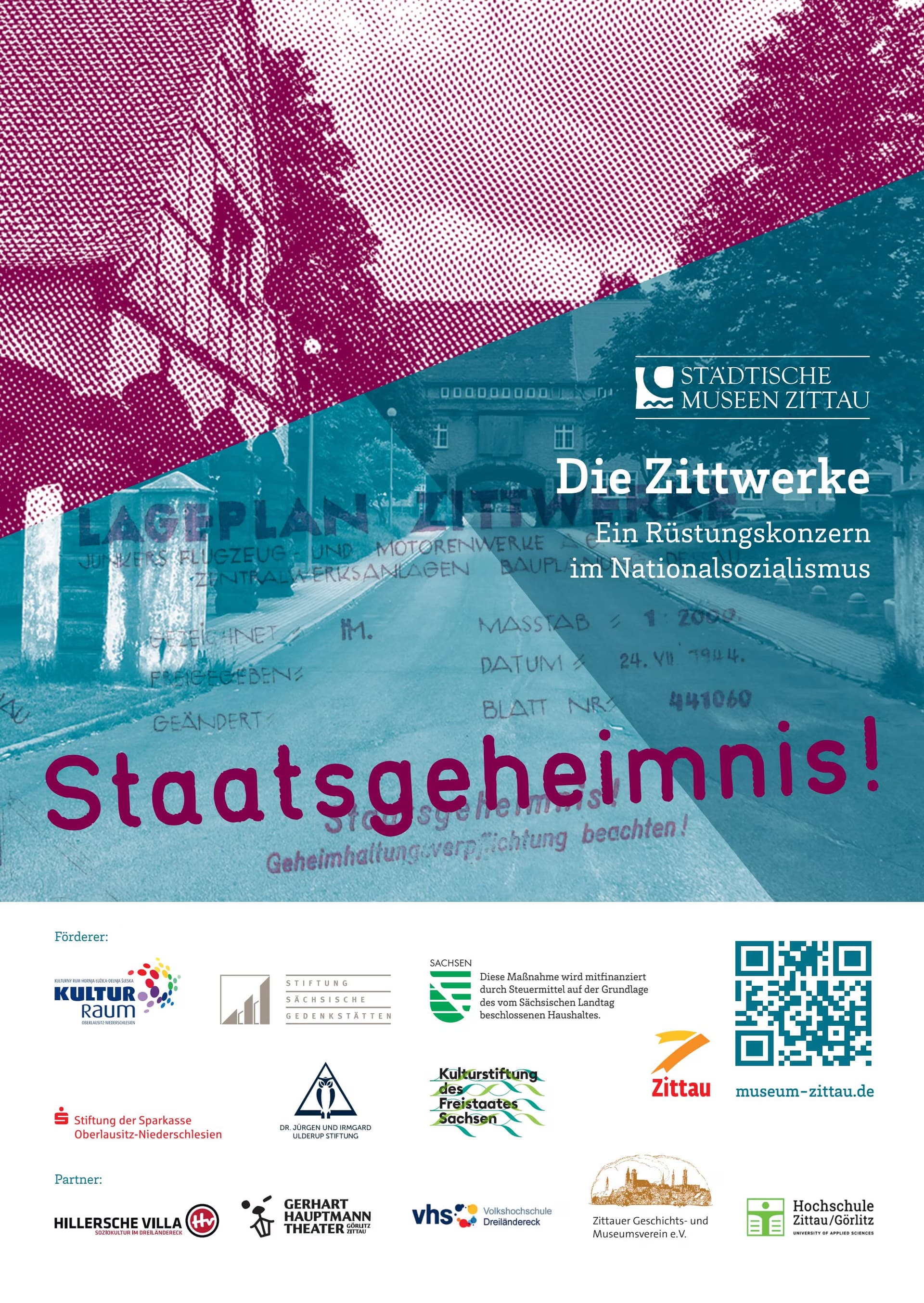 An exhibition poster titled Die Zittwerke about a Nazi-era armaments company with schematics and logos.