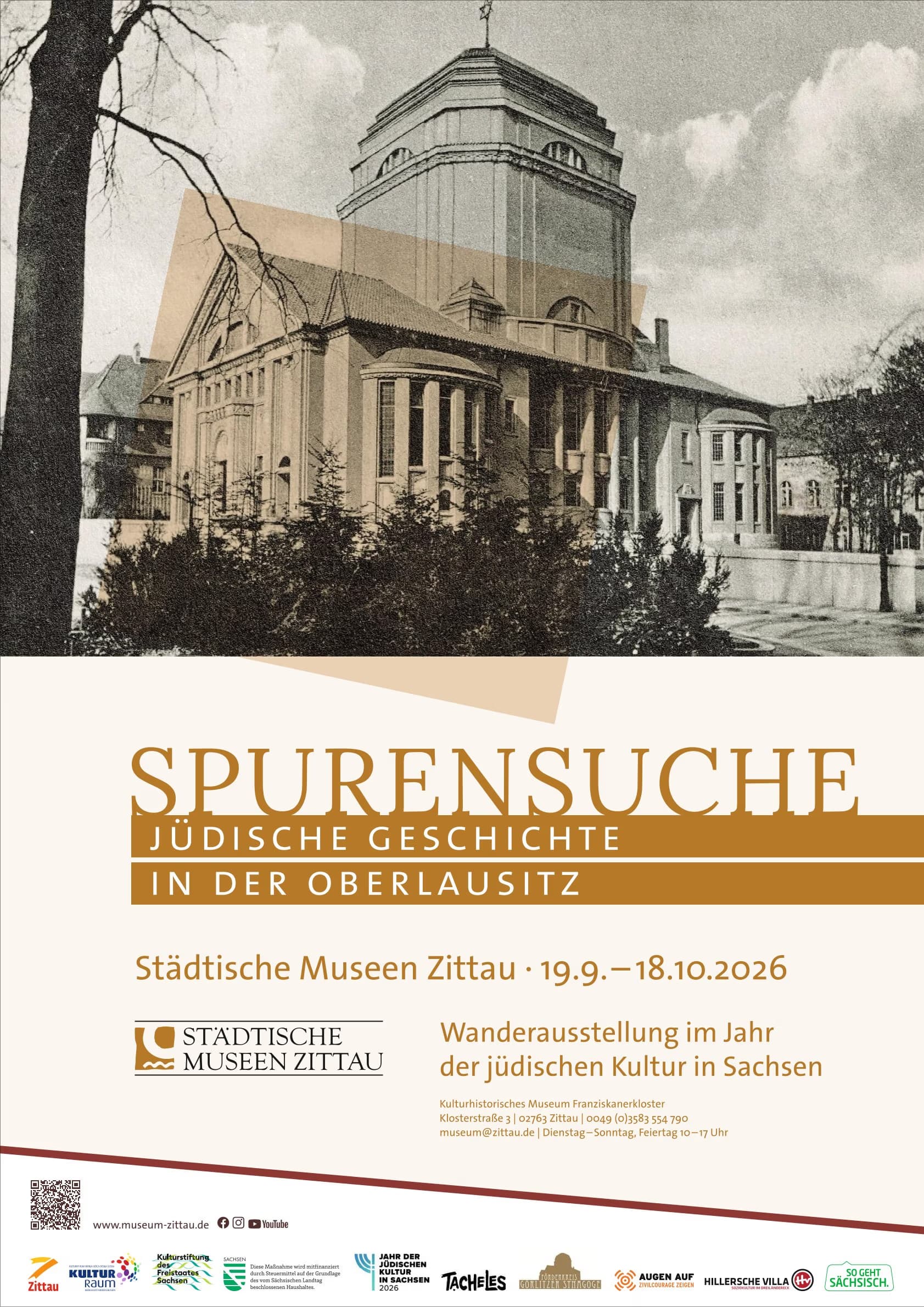 A poster features an old photograph of the Zittau synagogue above event details for an exhibition.