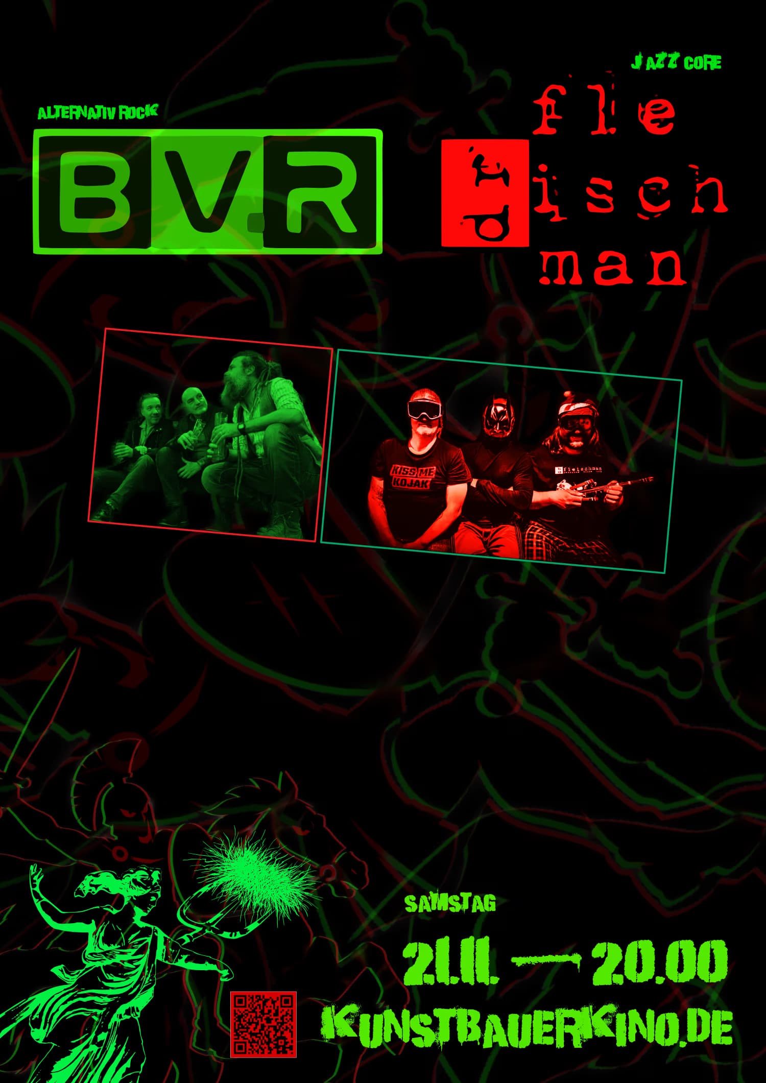 Plakat koncertowy BVR i dr. fleischman ze zdjęciami zespołów i szczegółami wydarzenia w kolorze neonowej zieleni.