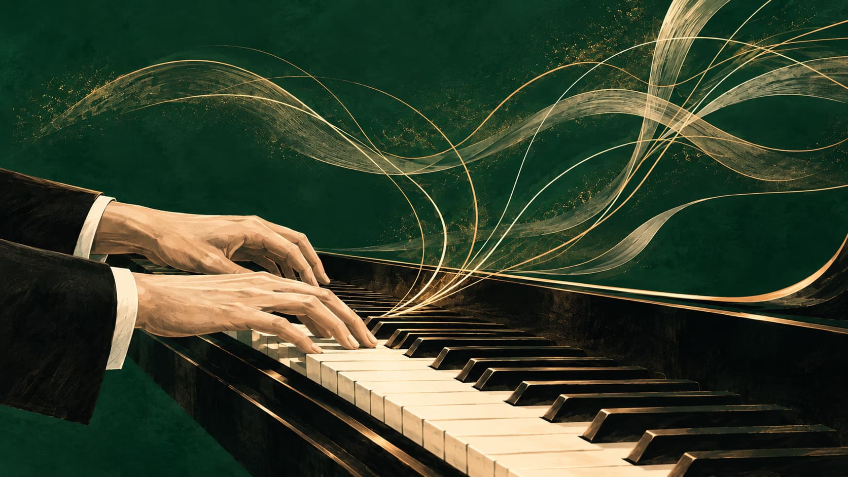 Hands in black sleeves play a piano with abstract golden light lines rising from keys.