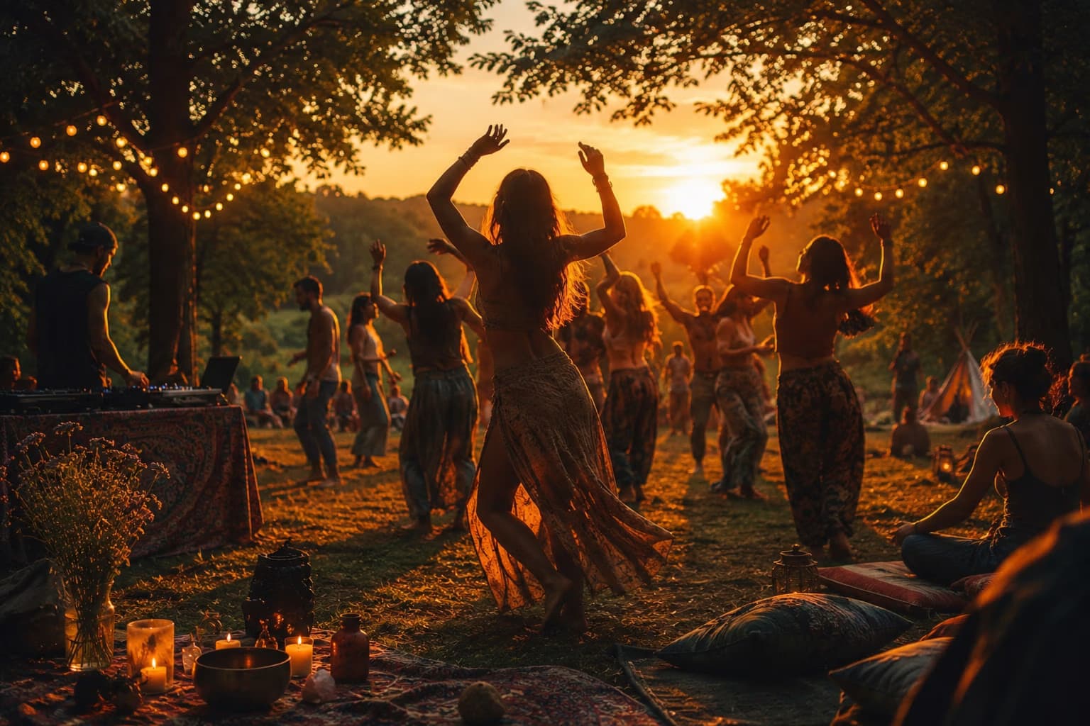 People dance in a sunlit forest at sunset with string lights and festive decorations.