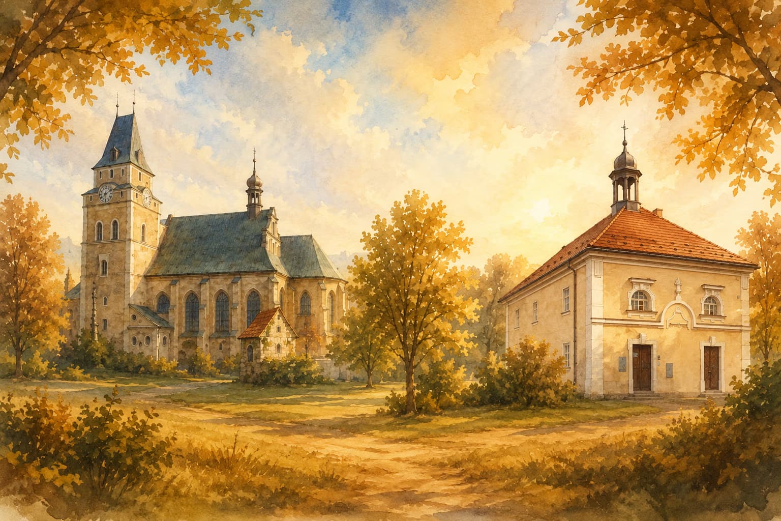 A painting depicts two churches in a warm autumn landscape with golden trees.