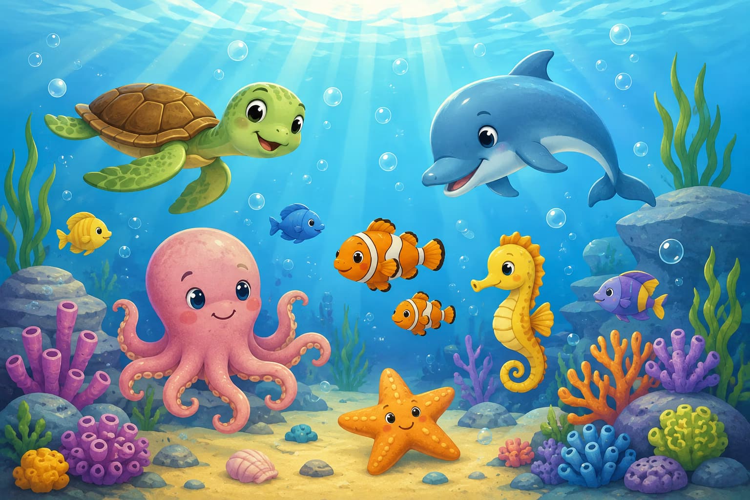 Cartoon-Meerestiere wie eine Schildkröte, ein Delfin und ein Oktopus schwimmen in einem lebhaften Korallenriff.