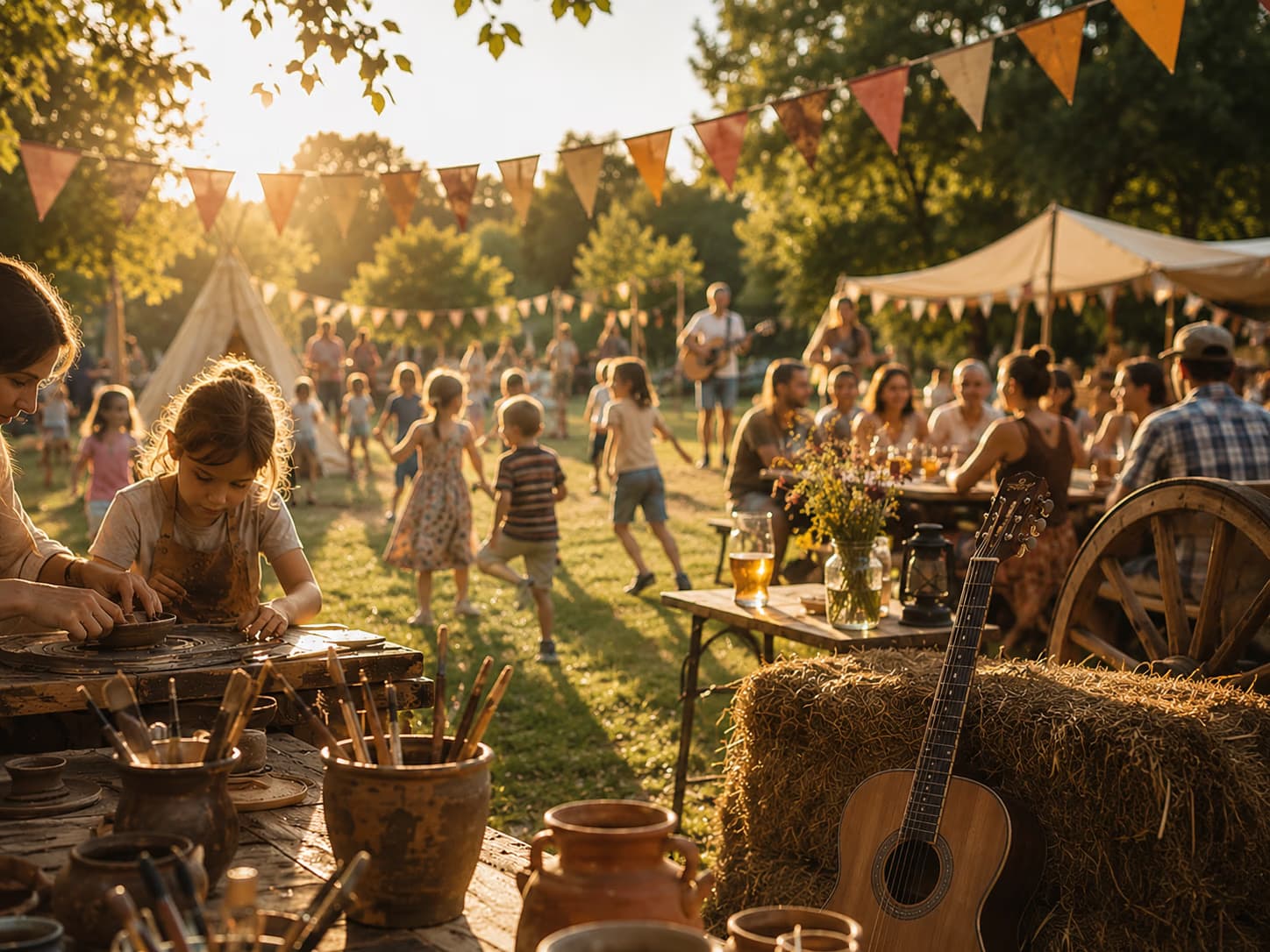 Děti a dospělí si užívají venkovní festival při západu slunce s řemesly a živou hudbou.