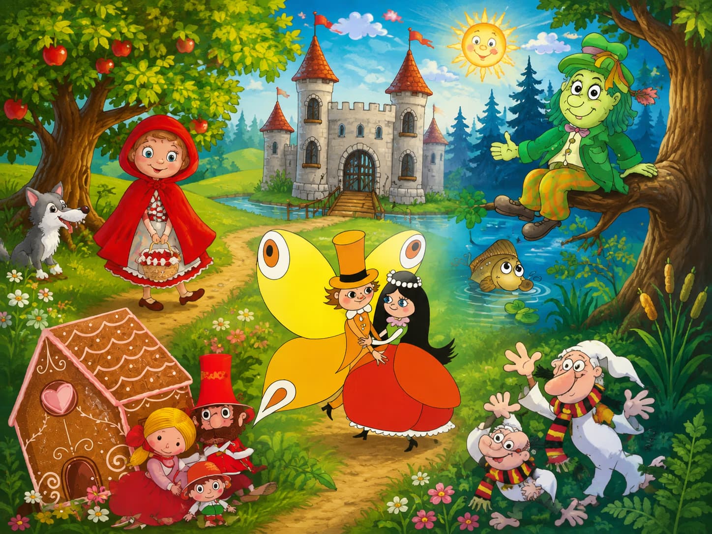 Cartoon-Szene mit Rotkäppchen, einem Knusperhäuschen und Märchenfiguren vor einem Schloss.