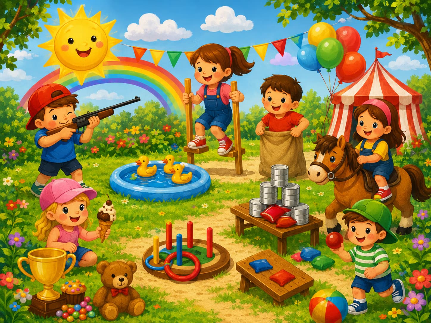 Cartoon-Kinder spielen Jahrmarktspiele in einem sonnigen Park mit Regenbogen und Zelt.