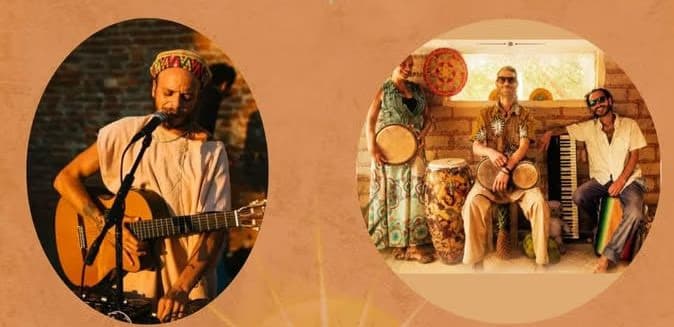Two circular frames show a solo musician playing guitar and a group with percussion instruments.