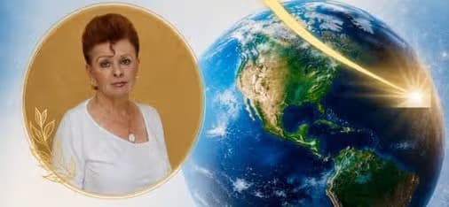 A woman in a white shirt stands beside an illustration of Earth against a blue sky.