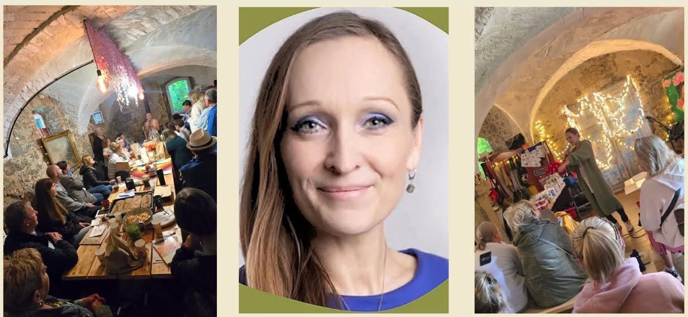 Drei kombinierte Fotos zeigen ein Porträt einer Frau und Menschen in einem rustikalen Raum mit Steinmauern.