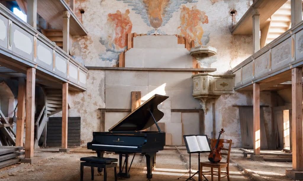 A black grand piano and a cello stand on a wooden floor in a rustic, weathered historic church hall.