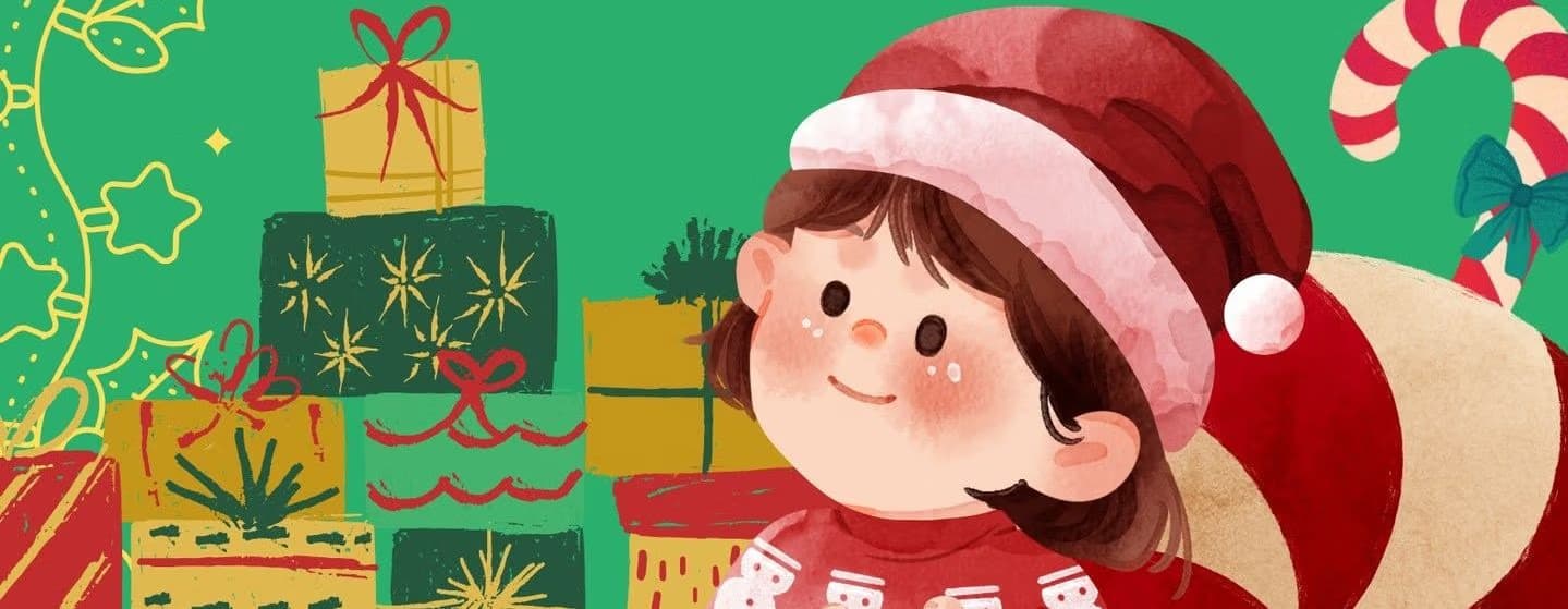 A cartoon girl wearing a Santa hat stands next to a stack of colorful Christmas gifts.