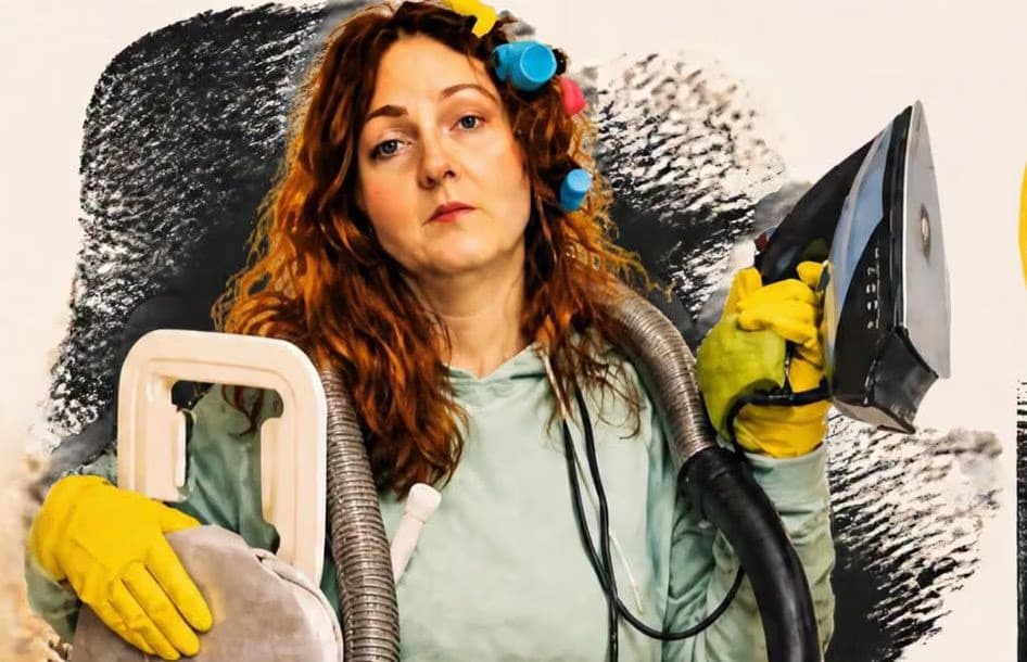 Eine Frau mit Lockenwicklern und Gummihandschuhen hält ein Bügeleisen und einen Staubsaugerschlauch.