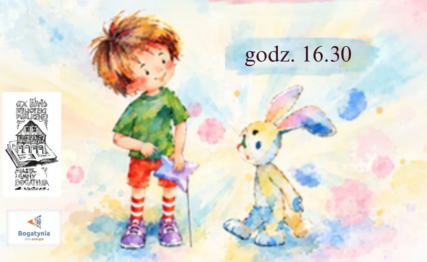 Watercolor illustration of a boy standing beside a toy rabbit with a text overlay of 16:30.