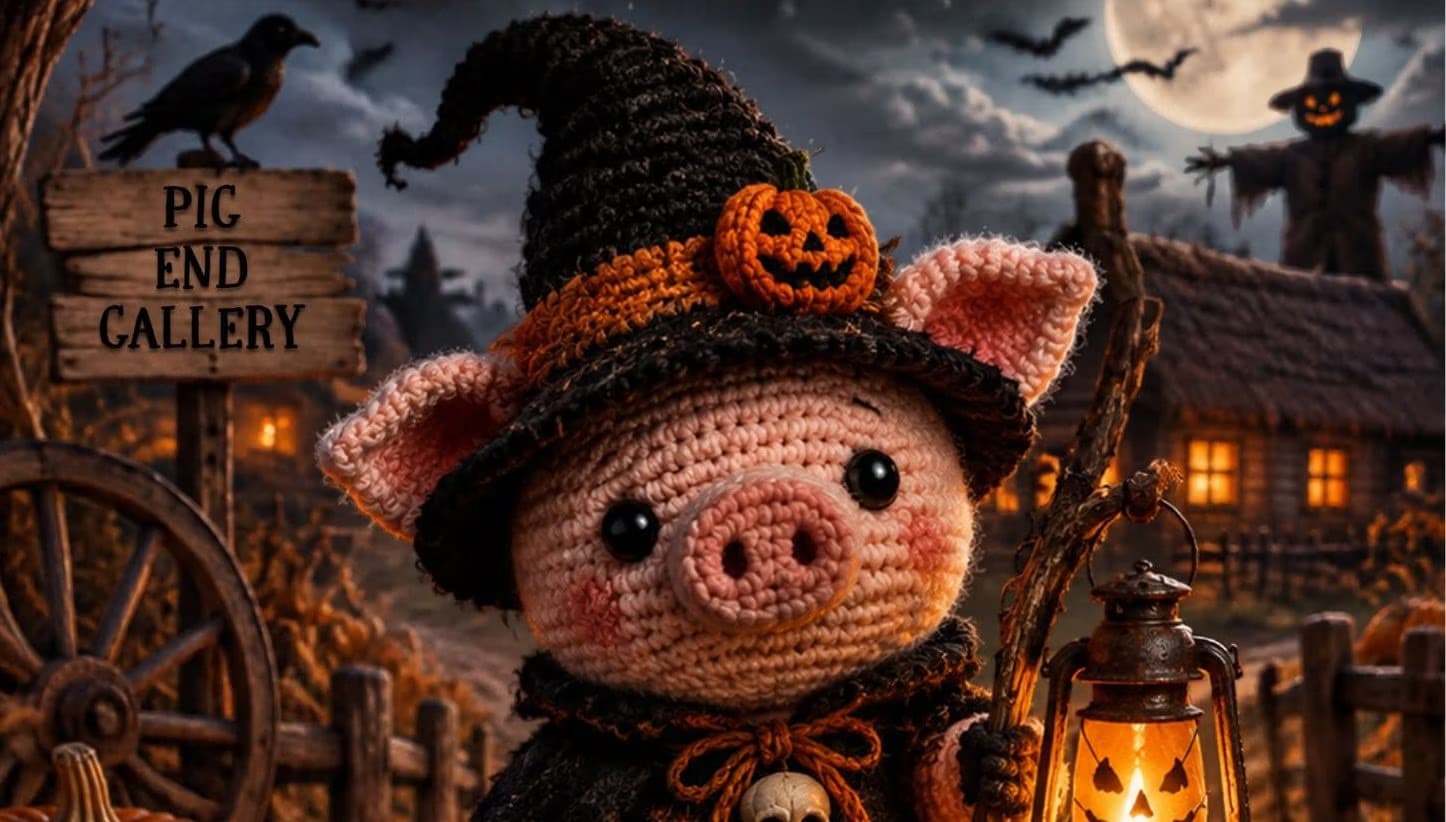Szydełkowana świnka w czarodziejskim kapeluszu stoi w upiornej halloweenowej scenerii przy drogowskazie.