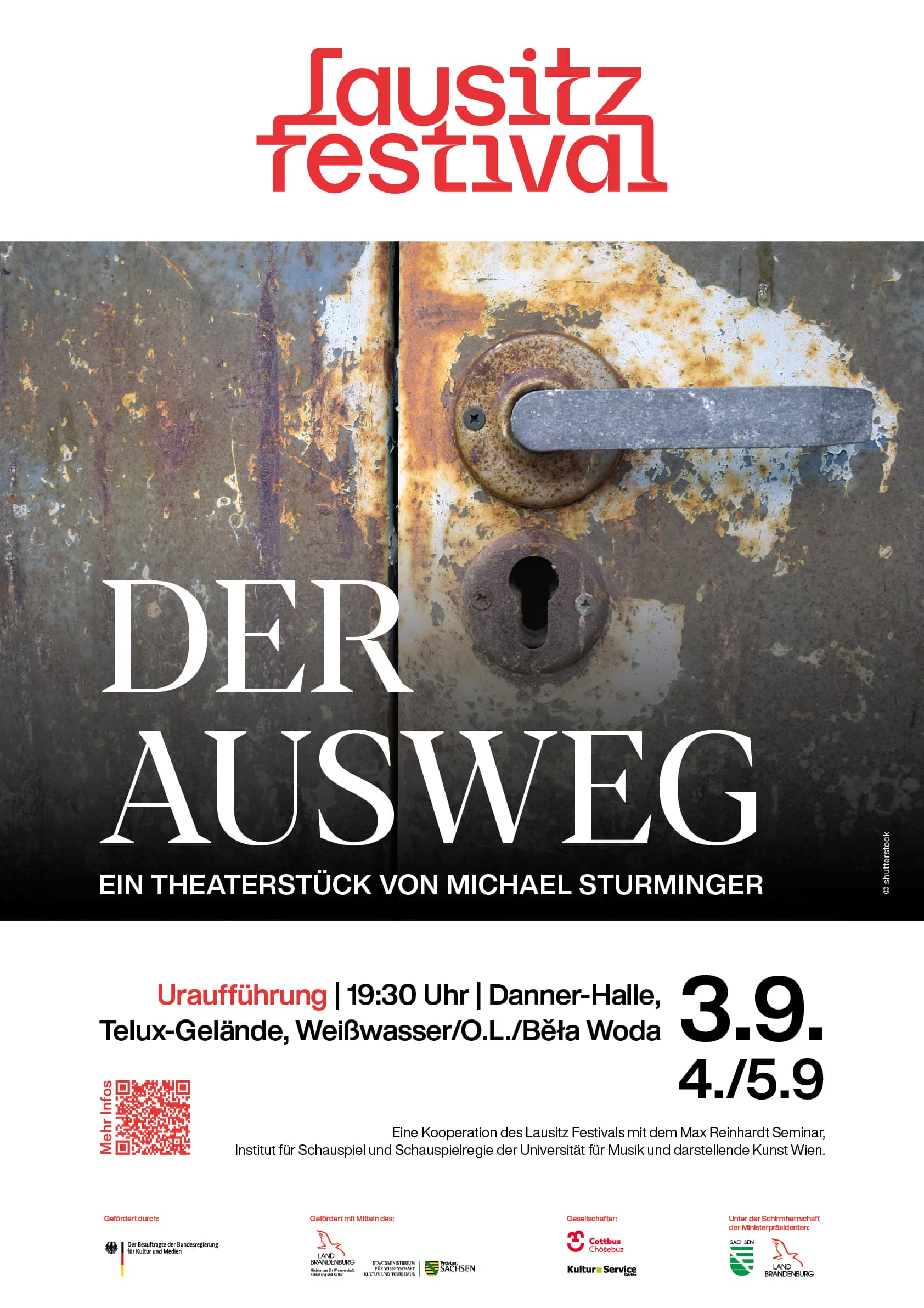 A rusty door handle and lock are featured on a promotional festival poster for Der Ausweg.