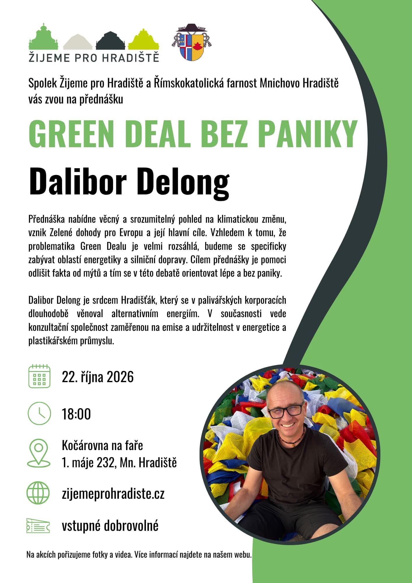 Event poster for a lecture by Dalibor Delong about the Green Deal in Mnichovo Hradiště.