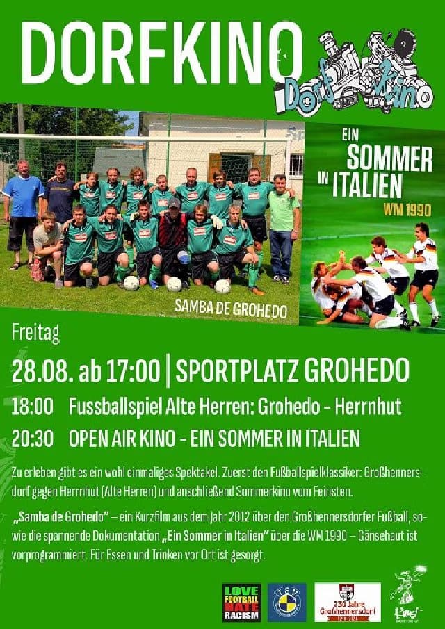 Green event flyer for a village cinema football night with team photos and schedule text.