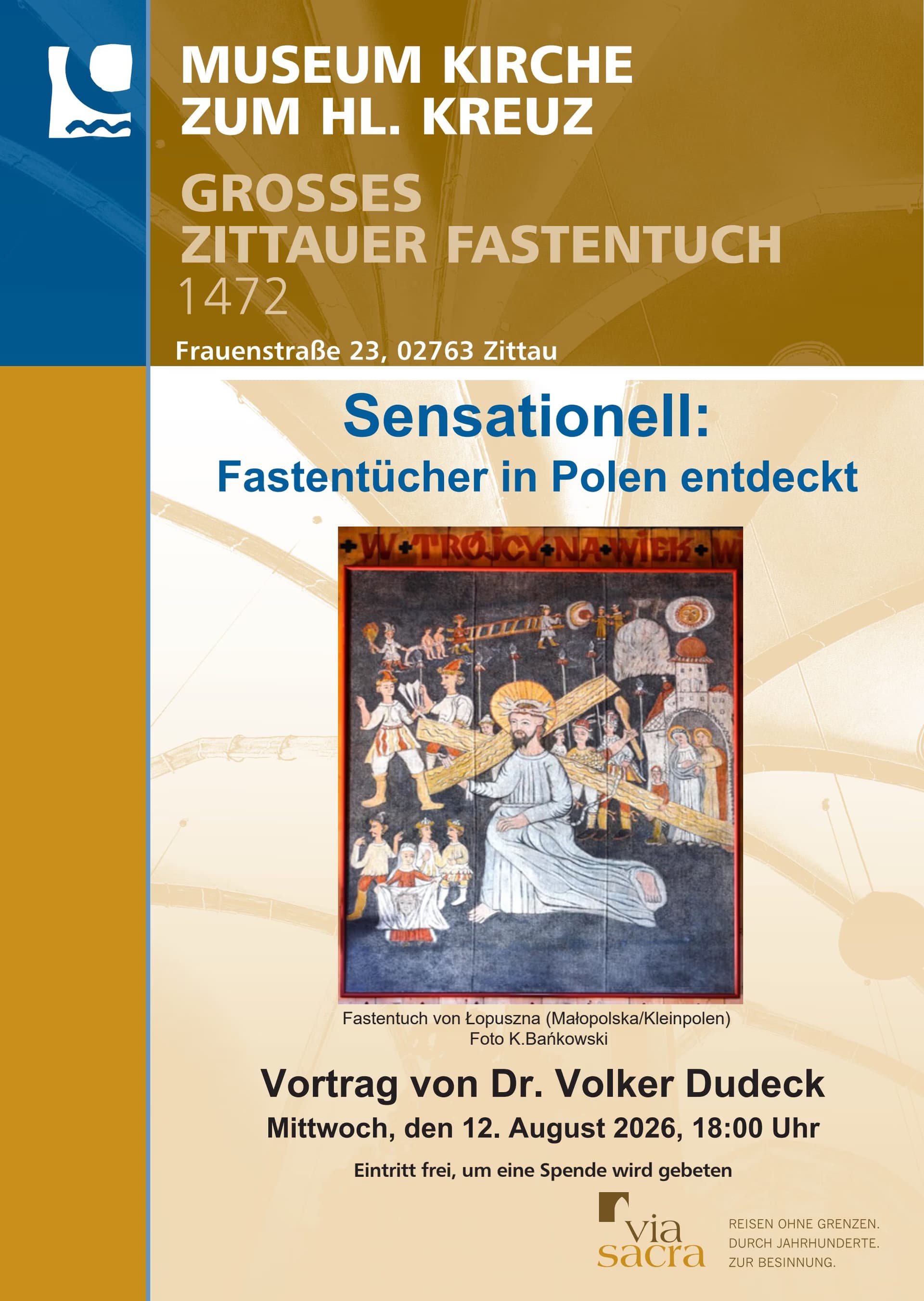 A flyer for a lecture at the Museum Kirche zum Hl. Kreuz in Zittau featuring an image of a Lenten veil.