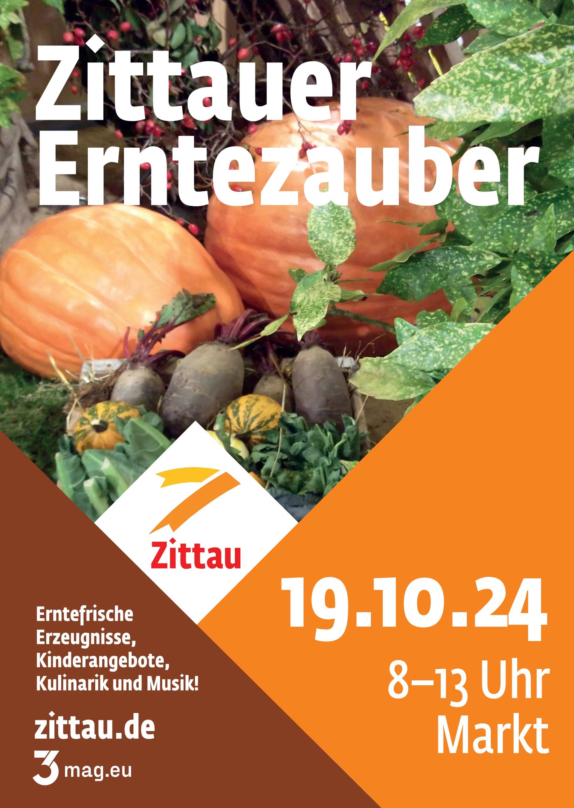 Dynie i sezonowe warzywa zdobią plakat wydarzenia Zittauer Erntezauber w Żytawie.