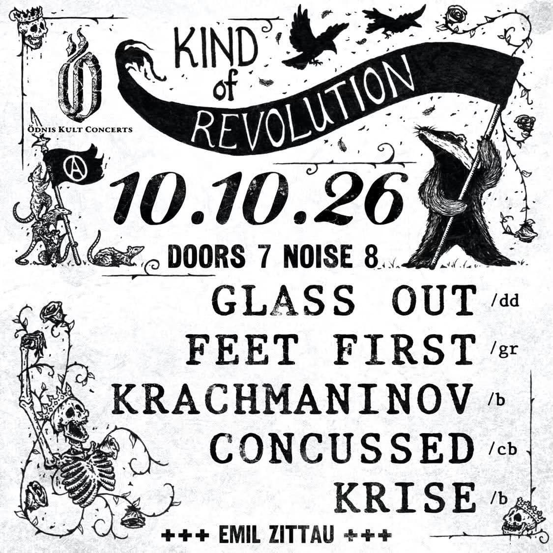Black and white concert flyer featuring illustrations of skeletons and a badger with text details.