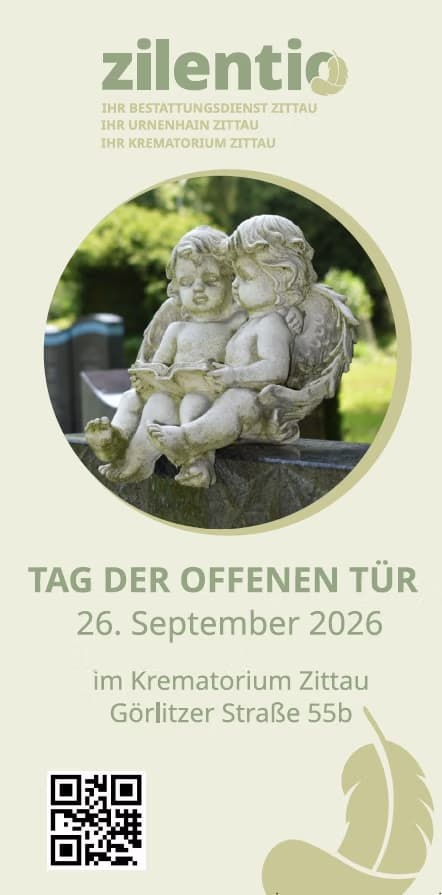 A flyer for an open house event at a Zittau crematorium, featuring two angel statues in a circle.