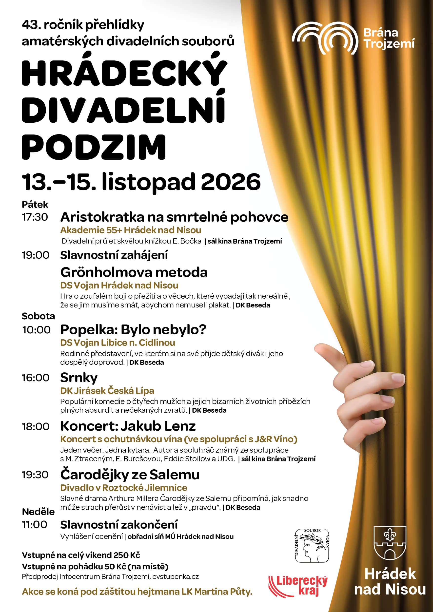 Ein goldener Vorhang wird zur Seite gezogen und gibt das Programm eines Theaterfestivals frei.