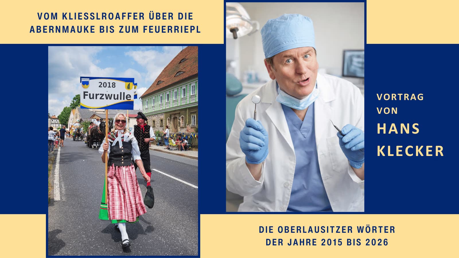 Ein geteiltes Bild zeigt eine Frau in Tracht bei einem Umzug und einen Zahnarzt, der einen Vortrag hält.