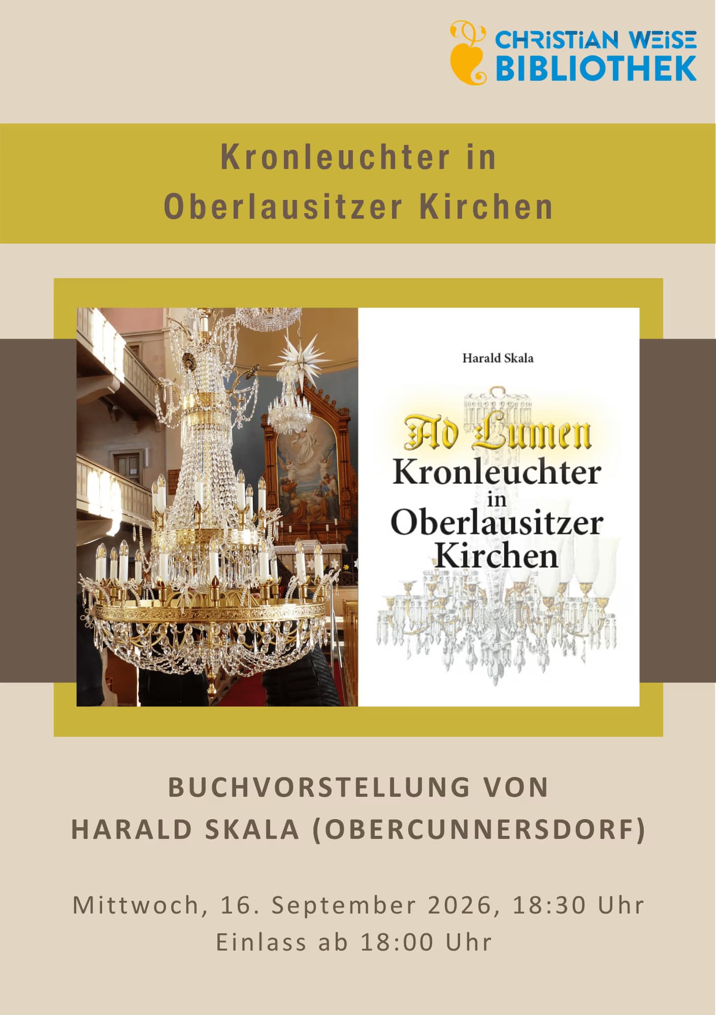 Ein Flyer für eine Buchvorstellung über Kronleuchter in Kirchen der Oberlausitz.