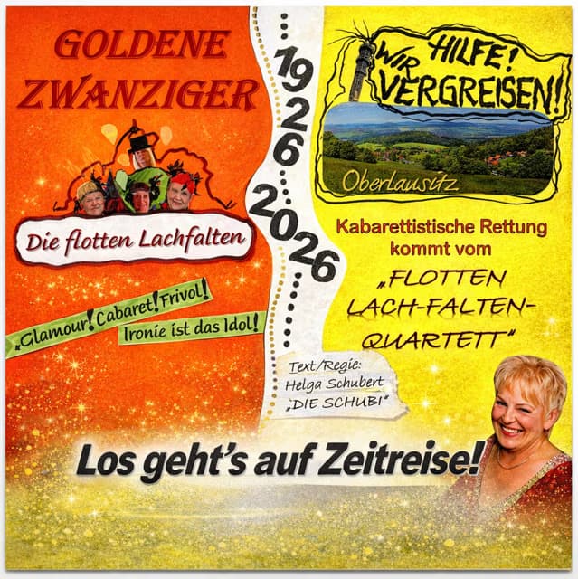 A vibrant event poster featuring the cabaret group Die flotten Lachfalten celebrating 100 years of history.