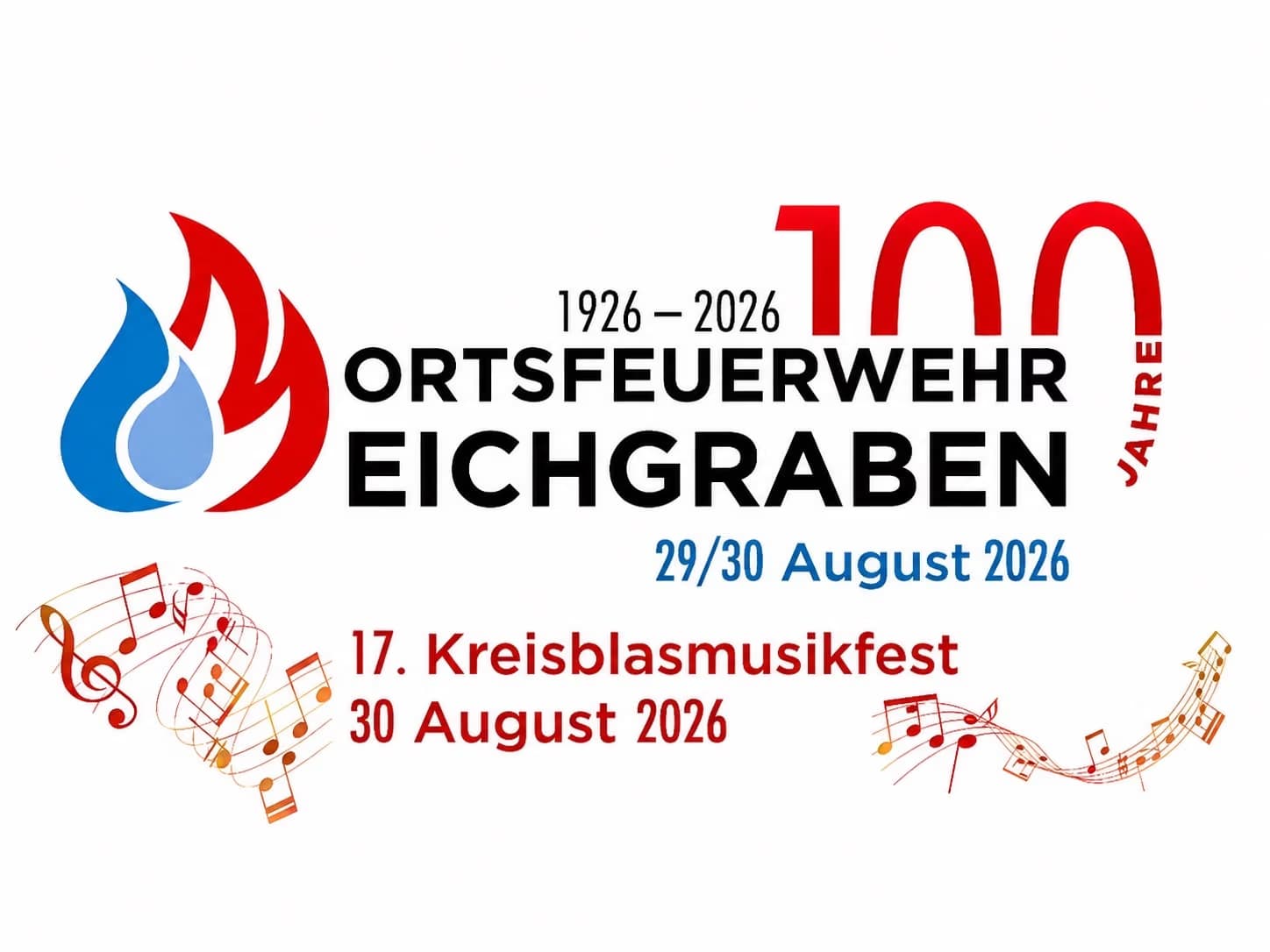 Graphic logo for Eichgraben fire department's 100th anniversary celebration with music notes.