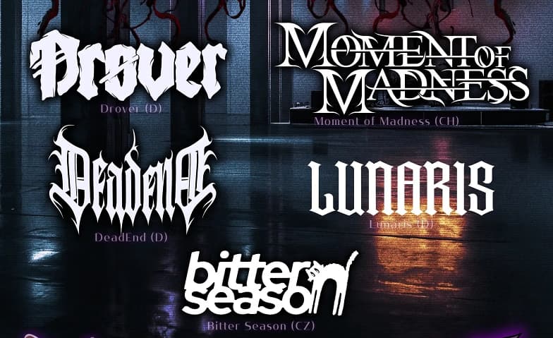 List of heavy metal band logos against a dark, moody background for an event.