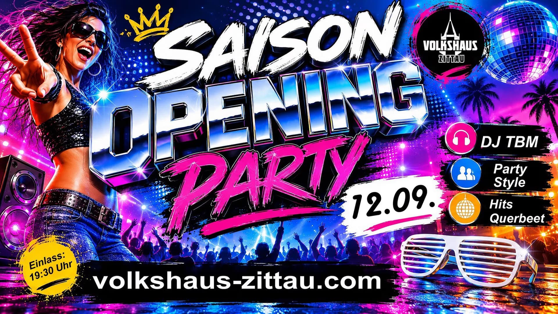 A woman with sunglasses cheers at a party graphic for a season opening event.