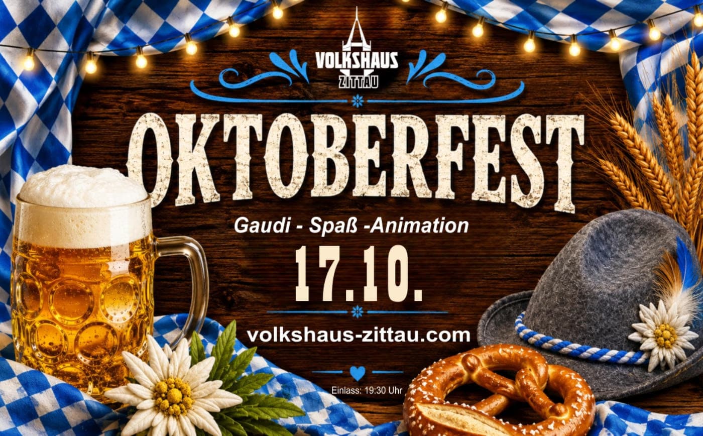 Oktoberfest event poster featuring a beer mug, pretzel, Bavarian hat, and blue checked tablecloth pattern.