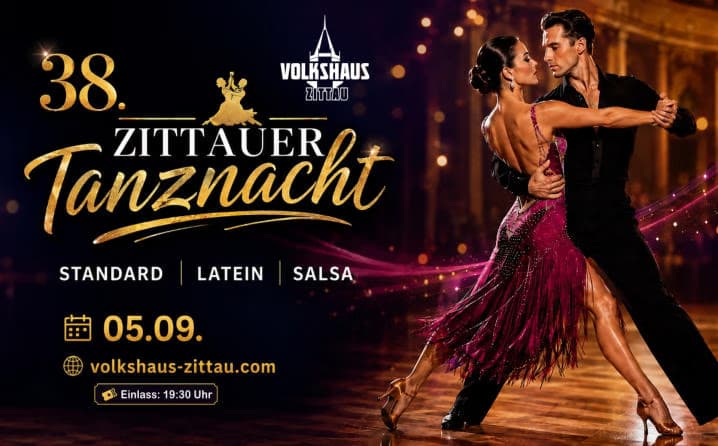 A dancing couple in formal attire perform on a stage for the 38th Zittauer Tanznacht event.