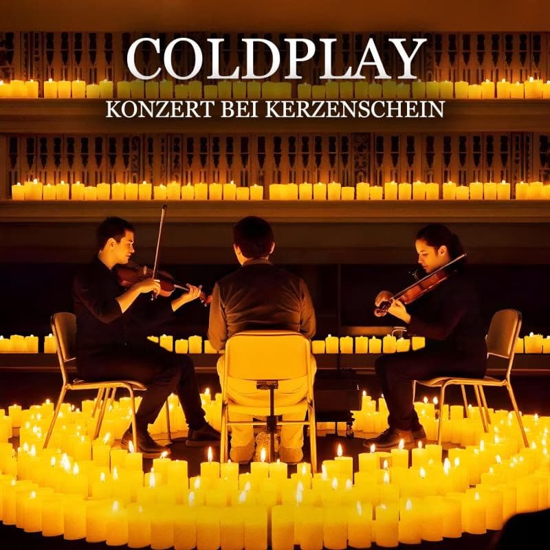 Three musicians play string instruments surrounded by hundreds of glowing candles in a dark room.