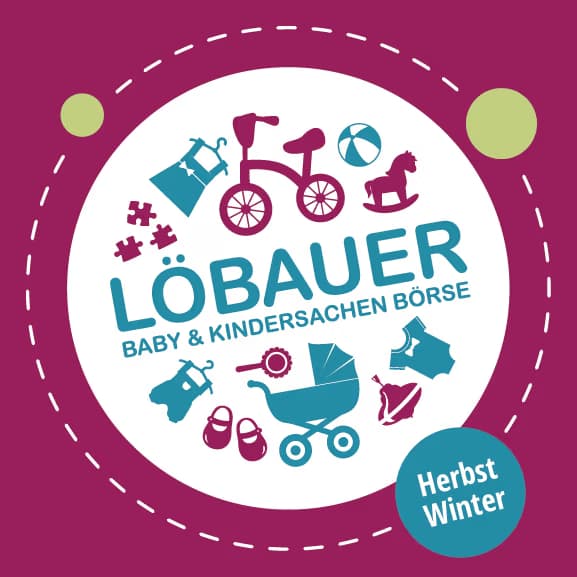 Graphic illustration for a children's items market in Löbau with icons of toys and baby clothes.