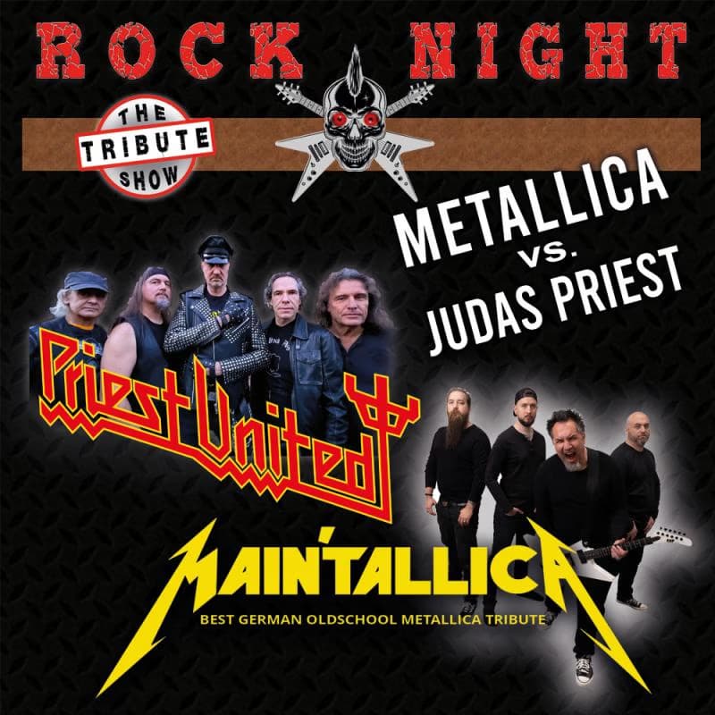 A promotional poster for a rock night featuring Metallica and Judas Priest tribute bands.