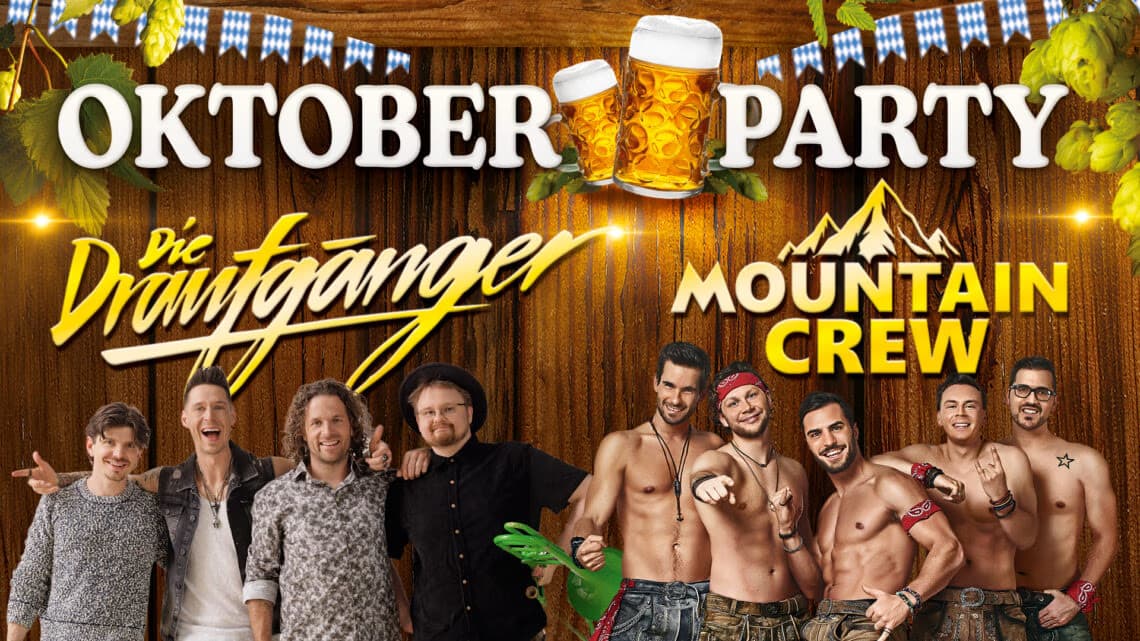 Promotional poster for an Oktober Party featuring two music groups and two large beer mugs.