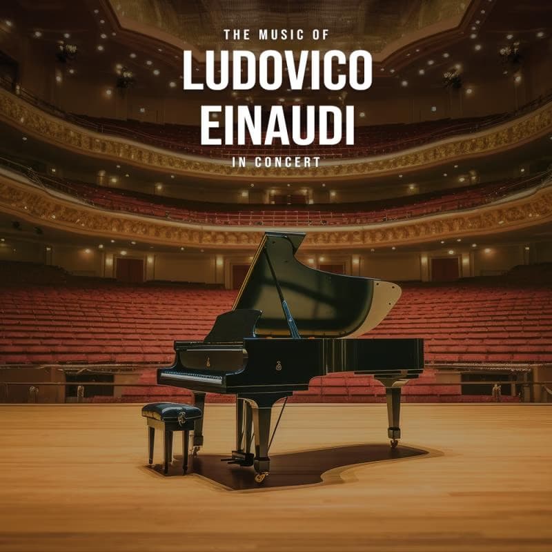 A grand piano stands on an empty stage inside a large, ornate concert hall.