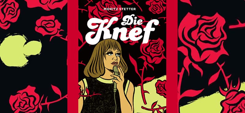 An illustration of a woman with a blonde bob holding a microphone against a backdrop of red roses.