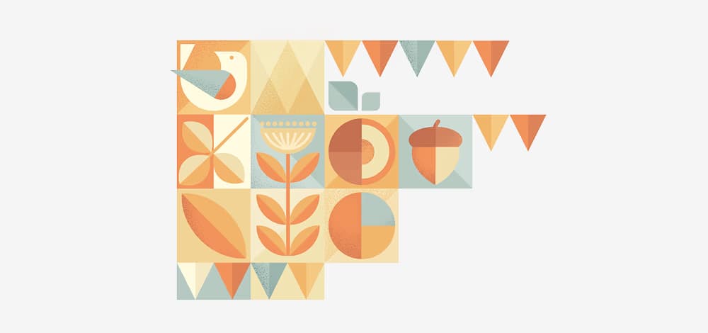 Abstract autumn themed geometric illustration featuring a bird, leaves, an acorn and bunting flags.
