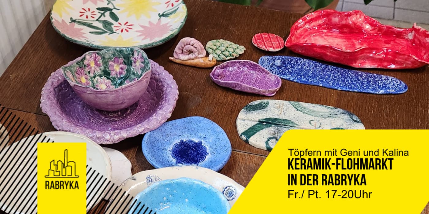 Handmade ceramic bowls and plates are arranged on a wooden table with event information.