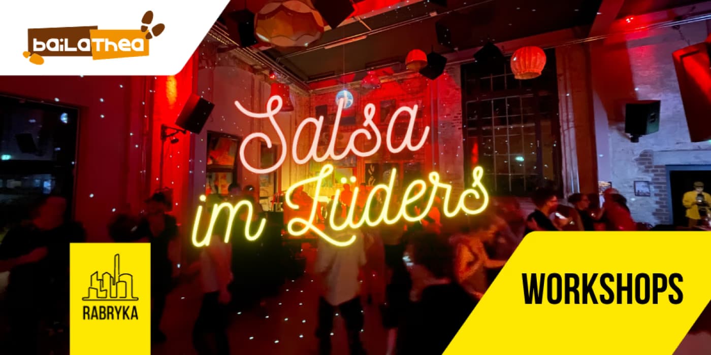 Neon text Salsa im Lüders overlays a dimly lit dance floor scene with event branding.