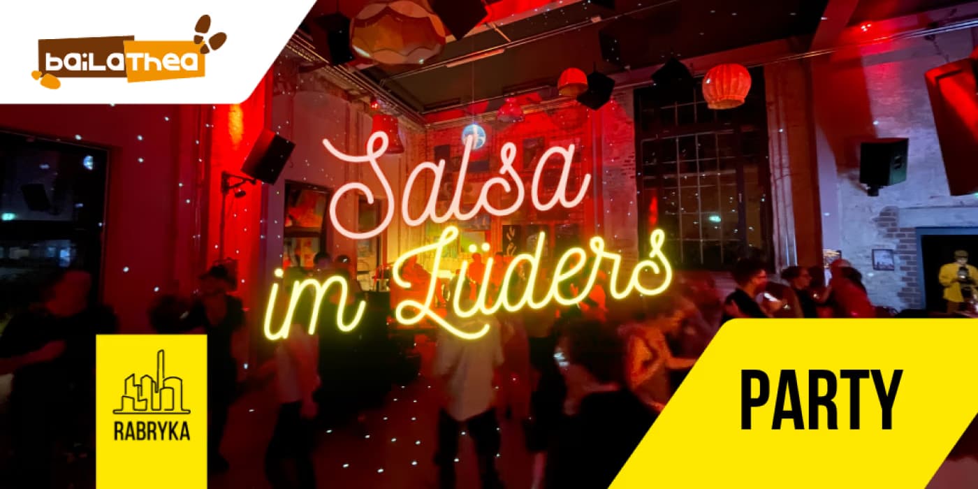 Neon text saying Salsa im Lüders glows in a dimly lit club with party guests dancing.