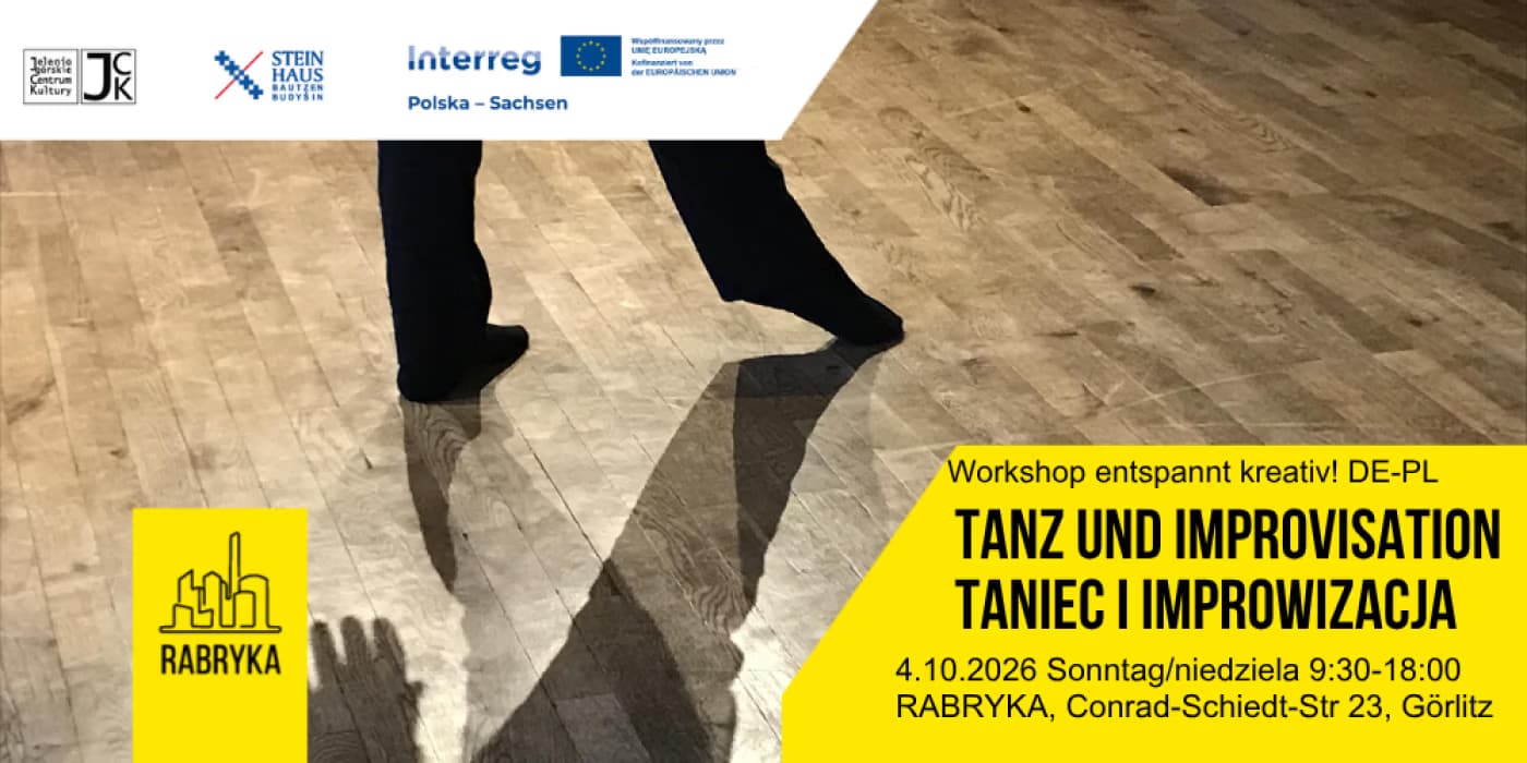 Tanečník se pohybuje na dřevěné podlaze, grafika oznamuje taneční workshop v německém Zhořelci.