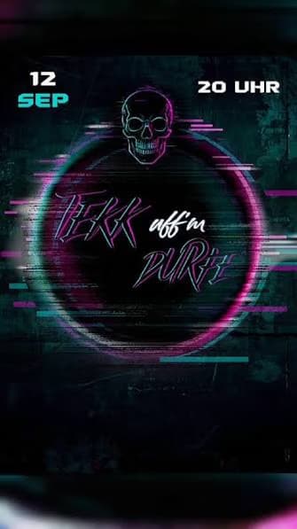 Ciemny plakat w stylu cyfrowym z neonową czaszką, efektem glitch i informacjami tekstowymi.